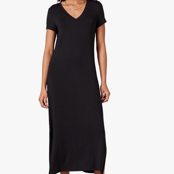 🇨🇦 Womens Jersey V-Neck Short Sleeve Black Maxi Length Dress - Picture 1 of 11